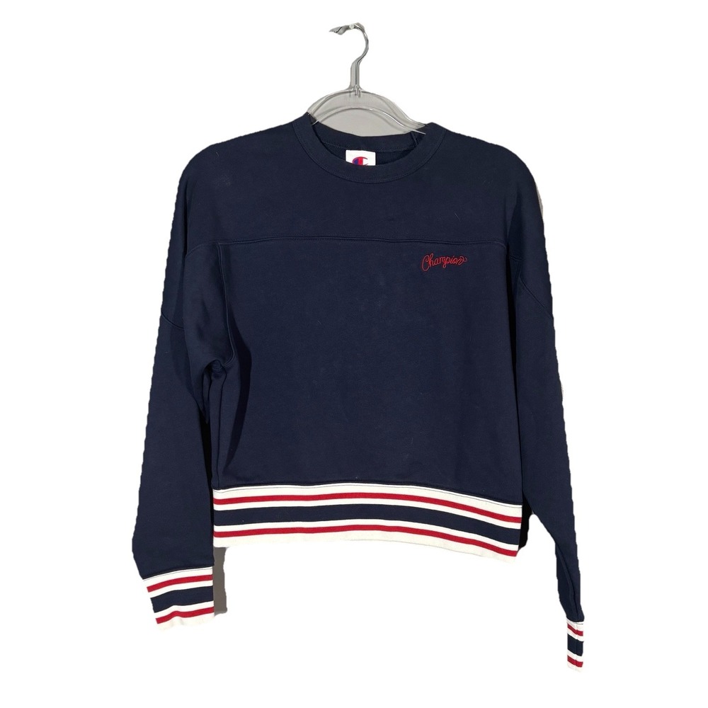 Champion Sweatshirt Women's XS Blue Cropped Crew Neck Terry Striped